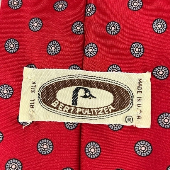 VTG Bert Pulitzer Red White Silk Flower Mens Neck Tie 57x3.75, made in USA. - Picture 3 of 5